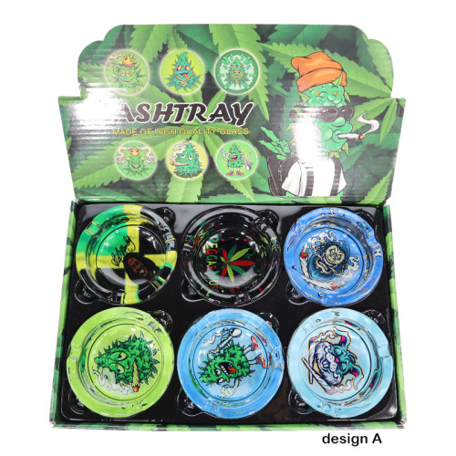 3.5 INCH GOOD BUDS ROUND GLASS ASHTRAY 6CT/DISPLAY - ASSORTED DESIGN
